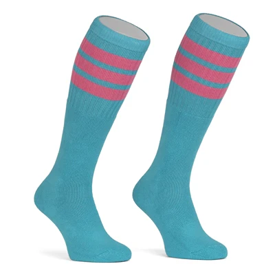 Skater Socks Knee Length - AQUA WITH BUBBLEGUM PINK STRIPES - Image 2