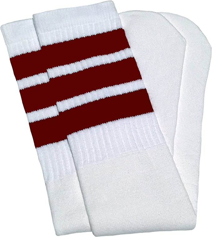 Skater Socks Knee Length - WHITE W/ MAROON STRIPES