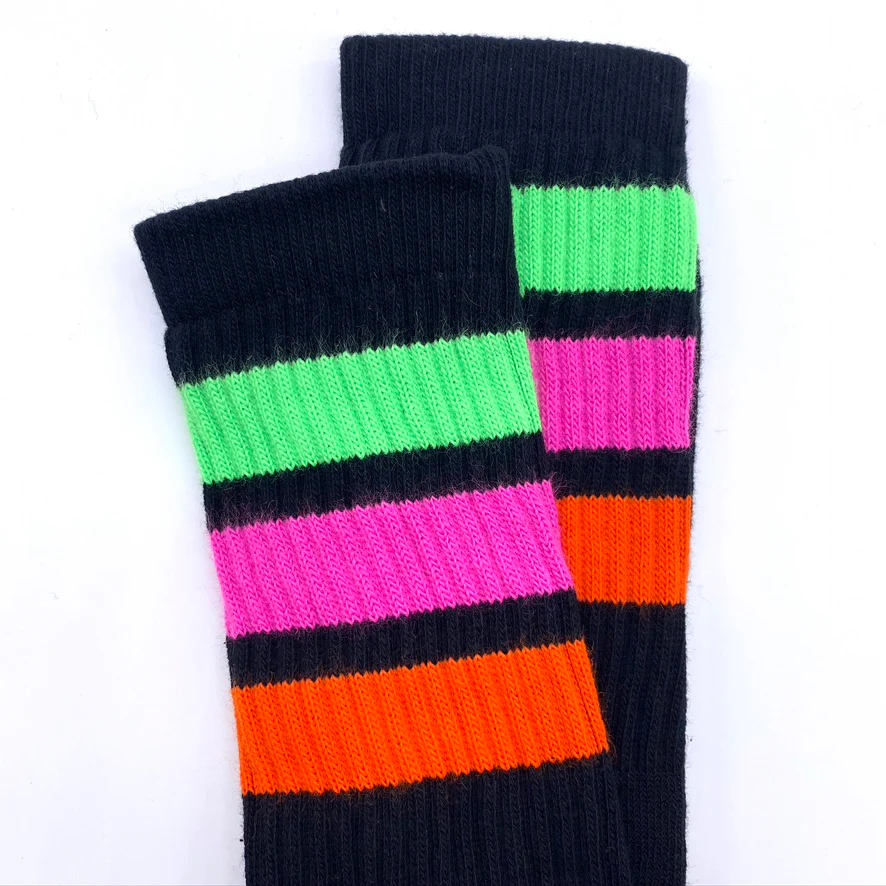 Skater Socks Knee Length - BLACK W/ NEON GREEN, HOT PINK, AND ORANGE STRIPES