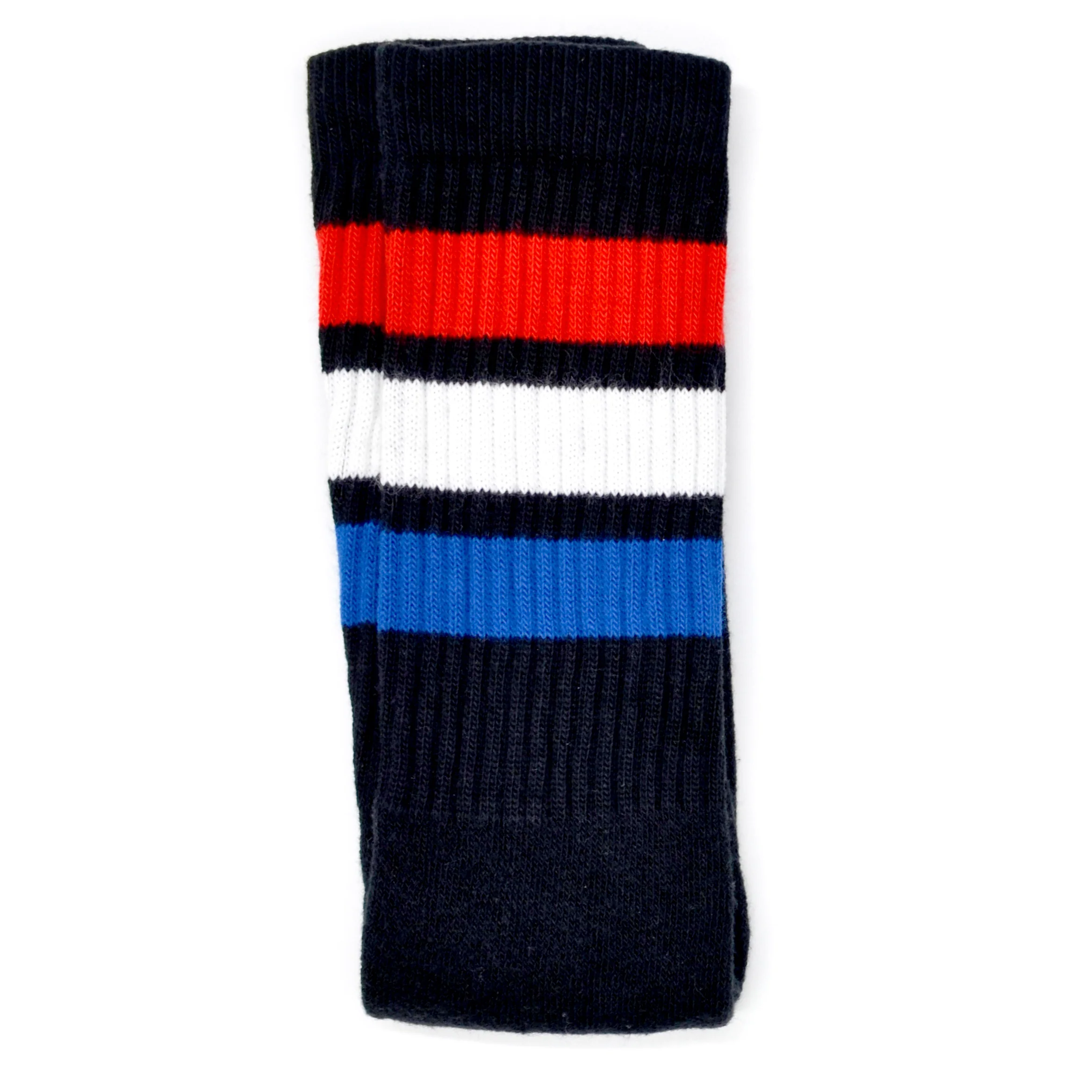Skater Socks Knee Length - BLACK W/ RED, WHITE, AND ROYAL BLUE STRIPES