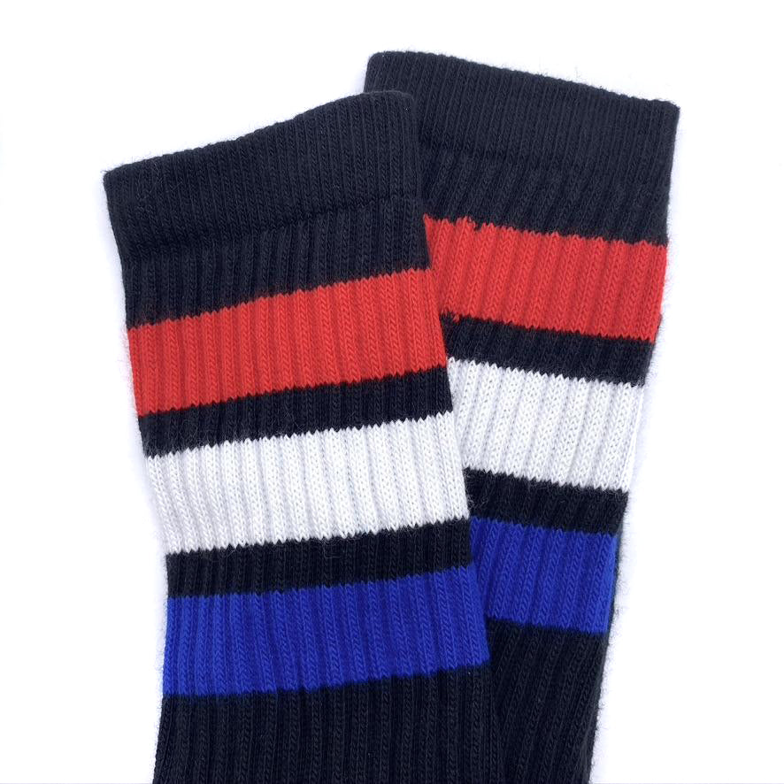 Skater Socks Knee Length - BLACK W/ RED, WHITE, AND ROYAL BLUE STRIPES - Image 2
