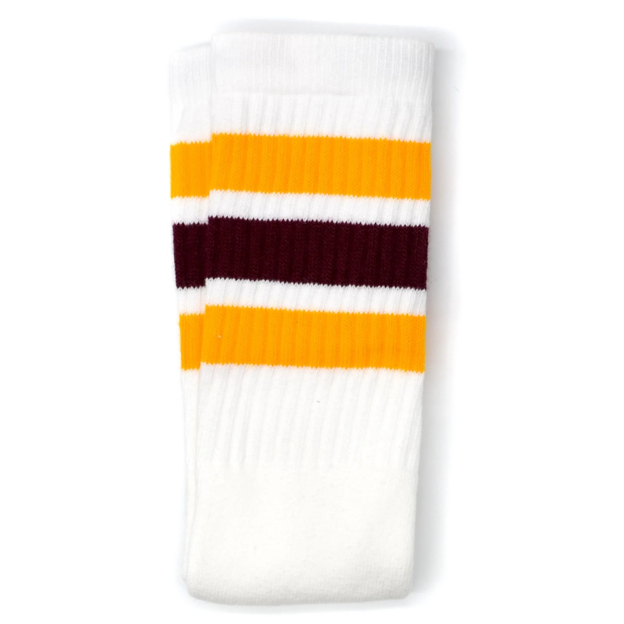 Skater Socks Knee Length - WHITE W/ GOLD AND MAROON STRIPES