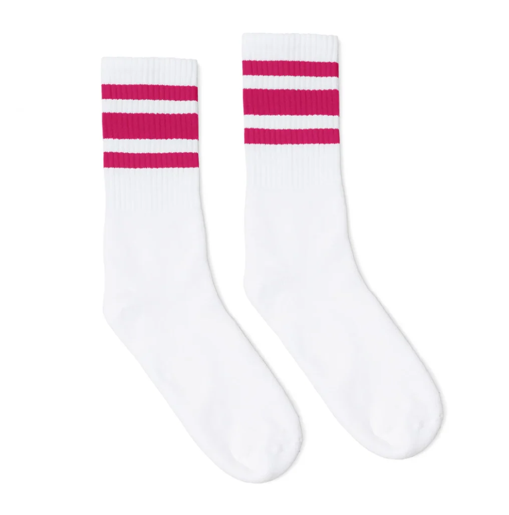 SOCCO Crew Length Socks - WHITE W/ FUCHSIA STRIPES
