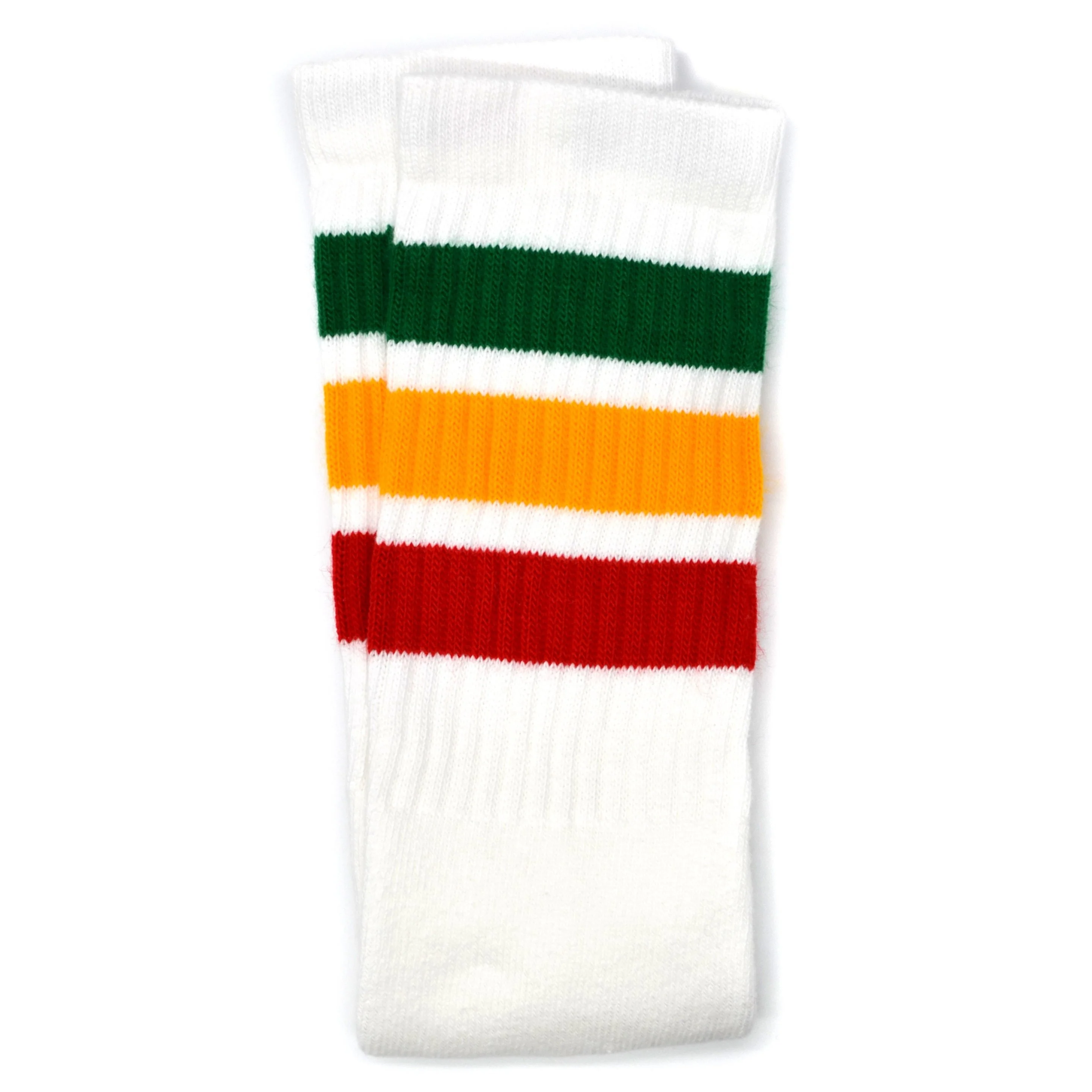 Skater Socks Knee Length - WHITE W/ GREEN, GOLD, AND RED STRIPES